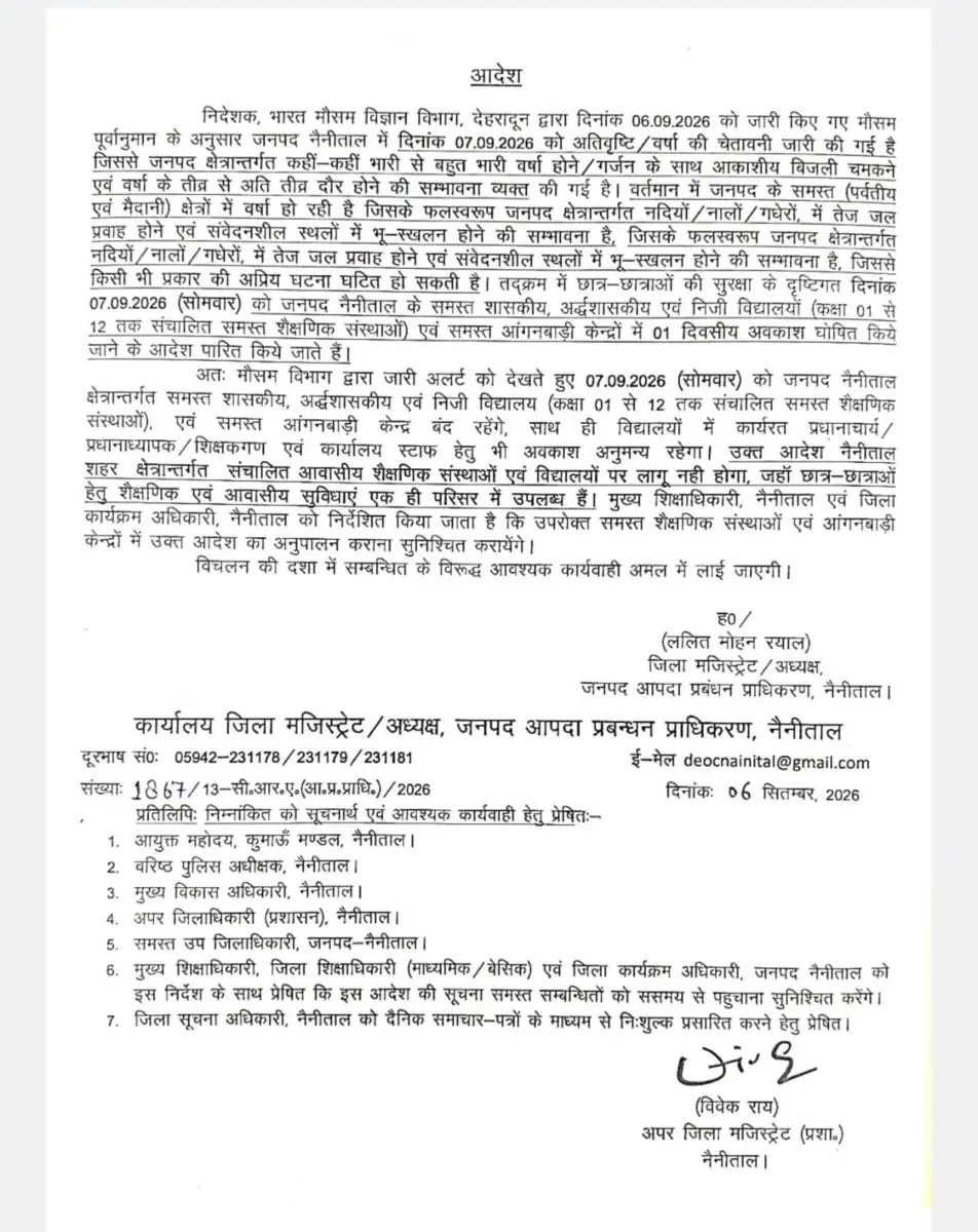 नैनीताल में बारिश का अलर्ट, कल कक्षा 1 से 12 तक बंद रहेंग स्कूल – पढ़े आदेश